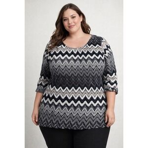 Roz & Ali Womens Plus Size 2X Black White Grey Zig Zag Print 3/4 Sleeve Top